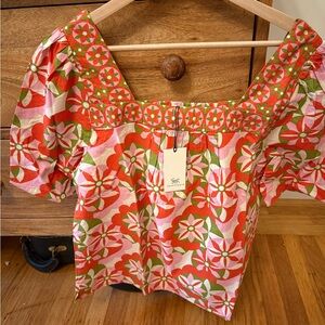 NWT ]Printfresh Tara Floral Square Neck Blouse in Flower Hour M - Pink and Green